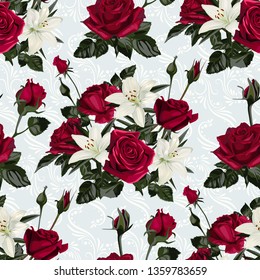 Seamless pattern with flowers of white lilies and red roses.