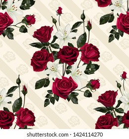 Seamless pattern with flowers of white lilies and red roses.