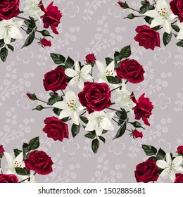 Seamless pattern with flowers of white lilies and red roses.