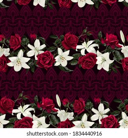 Seamless pattern with flowers of white lilies and red roses.