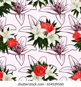 Seamless pattern with flowers of white lilies and red roses.