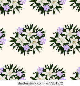 Seamless pattern with flowers of white lilies, purple geraniums and gypsophila.