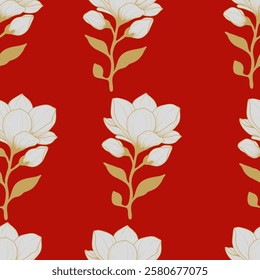 Seamless pattern with flowers. White magnolia with gold leaves on a red background. Botany pattern. For fabric, wallpaper, textile, wrapping, web, packaging design.