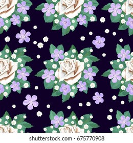 Seamless pattern of flowers. White roses, violet geraniums and gypsophila on a dark purple background