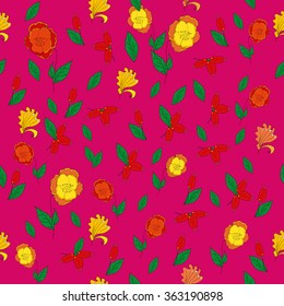 Seamless pattern with flowers of wild rose on crimson background