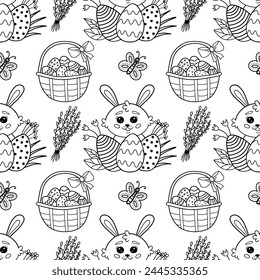 Seamless pattern with flowers, willow, basket with eggs and rabbits for Easter, vector illustration. Easter vector pattern with rabbit, butterfly, eggs, cake.