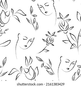 Seamless  pattern and flowers   woman faces   made  in vector Thin line hand drawn design  Pastel rextured lines   Easy to use for wrapping paper   textile  fabric  romantic background  