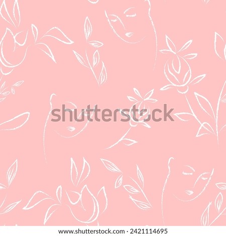 Seamless  pattern with flowers and woman faces   made  in vector.Line style hand drawn design. Pastel rextured lines . Easy to use for wrapping paper,  textile, fabric, romantic background.  Stock photo © 