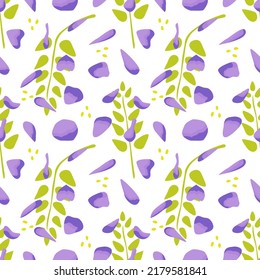 Patrón sin foco con flores. Patrón de papel envuelto. Pétalos morados y hojas verdes.