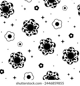 Seamless pattern with flowers. Y2k retro style. Vector background. Black and white.