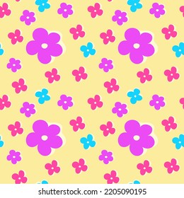 Seamless pattern with flowers in y2k style. Seamless vector with colored purple and pink flowers in 00e style for fabric or paper print. 