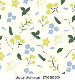 Seamless pattern with flowers in yellow and blue light colors. Perfect for print, textile, fabric, covers. Vector.
