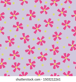 Seamless Pattern with Flowers and Yellow Dots on a Pink Background