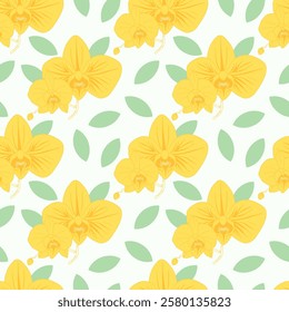 seamless pattern with flowers. Yellow orchids with green leaves. For botany pattern, cardboard, wallpaper.