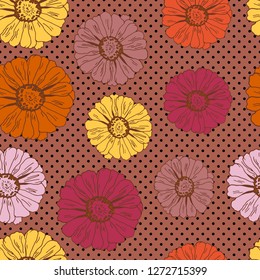 Seamless pattern with flowers zinnia, camomile, daisy for textile, bedlinen, pillow, undergarment, wallpaper. Polka dots, spotted design. Vector illustration.