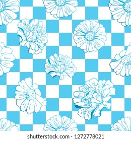 Seamless pattern with flowers (zinnia, camomile, sunflower. daisy) on blue chessboard for textile, bedlinen, pillow, undergarment, wallpaper. Vector illustration.