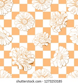 Seamless pattern with flowers (zinnia, camomile, sunflower. daisy) on chessboard for textile, bedlinen, pillow, undergarment, wallpaper. Vector illustration.