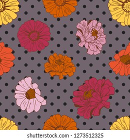 Seamless pattern with flowers zinnia, camomile, daisy for textile, bedlinen, pillow, undergarment, wallpaper. Polka dots, spotted design. Vector illustration.