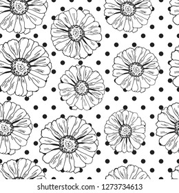 Seamless pattern with flowers zinnia, camomile, daisy. sunflower for textile, bedlinen, pillow, undergarment, wallpaper. Polka dots, spotted design. Vector illustration.