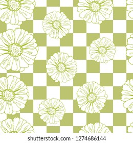 Seamless pattern with flowers (zinnia, camomile, sunflower. daisy) on green chessboard for textile, fabric, bedlinen, pillow, undergarment, wallpaper. Vector illustration.