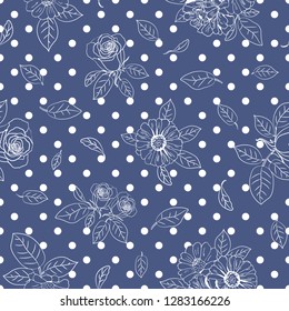 Seamless pattern with flowers (zinnia, camomile, daisy, sunflower, rose), circles for textile, bedlinen, pillow, undergarment, wallpaper, packing paper. Polka dots, spotted design. Vector illustration