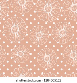 Seamless pattern with flowers (zinnia, camomile, daisy), circles for textile, bedlinen, pillow, undergarment, wallpaper, packing paper. Polka dots, spotted design. Vector illustration