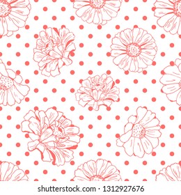 Seamless pattern with flowers (zinnia, camomile, daisy), circles for textile, bedlinen, pillow, undergarment, wallpaper, packing paper. Polka dots, spotted design. Living coral color on white.