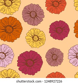 Seamless pattern with flowers zinnia for textile, bedlinen, pillow, undergarment, wallpaper.