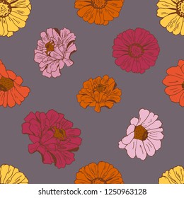 Seamless pattern with flowers zinnia for textile, bedlinen, pillow, undergarment, wallpaper.