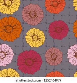 Seamless pattern with flowers zinnia for textile, bedlinen, pillow, undergarment, wallpaper.