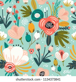 Seamless pattern with flowers,branches, berries. Creative floral texture. Great for fabric, textile Vector Illustration