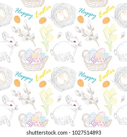 Seamless pattern with flowers,bunnies, and easter eggs.