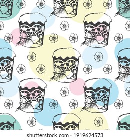 Seamless pattern with flowers,bunnies, and easter eggs on white background. Vector illustration.