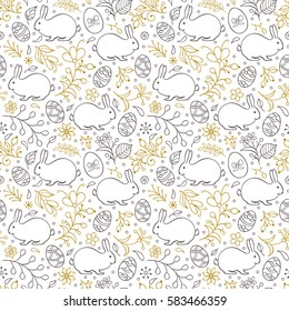 Seamless Pattern With Flowers,bunnies, And Easter Eggs On White Background. Vector Illustration.