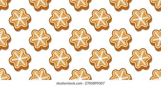 Patrón sin fisuras de galletas de jengibre en forma de flor con glaseado de copo de nieve, perfecto para diseños de vacaciones e invierno