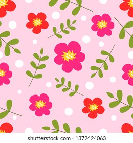seamless pattern with flowers,leaves and dot on pink background, cute floral wallpaper design for spring or summer, 