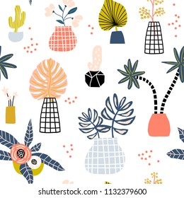 Seamless pattern with flowers,palm branch, leaves in pots. Creative floral texture. Great for fabric, textile Vector Illustration