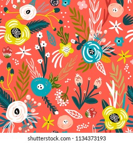Seamless pattern with flowers,palm branch, leaves. Creative floral texture. Great for fabric, textile Vector Illustration