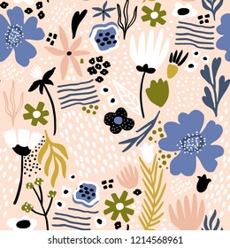 Seamless pattern with flowers,palm branch, leaves. Creative floral texture. Great for fabric, textile Vector Illustration