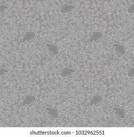 Seamless pattern of a flowery plants and leaves with white, gray monochrome floral background elements in baroque and lace style