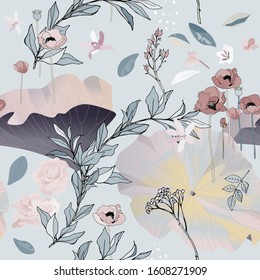 Seamless pattern with flowes of roses, poppies and leaves in light blue color. Tropical flowers vector illustration. EPS 10