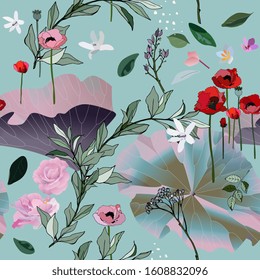 Seamless pattern with flowes of roses, poppies and leaves in pink and turquoise. Tropical flowers vector illustration. EPS 10