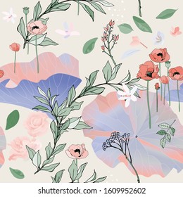 Seamless pattern with flowes of roses, poppies and leaves. Tropical flowers in peach and beige color vector illustration. EPS 10