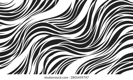 Seamless pattern of flowing black and white wavy lines resembling hair strands or moving water