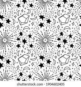 Seamless pattern with flowing constellations and gems. Celestial decoration with elements of stars and crescents. Vector stock aesthetic illustration isolated on white background.