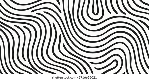 A seamless pattern of flowing, organic black lines on a white background, creating a sense of movement and depth.