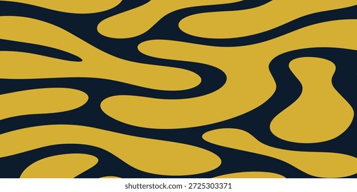 Un patrón sin fisuras de Formas fluidas y orgánicas en un amarillo vibrante contra un fondo azul marino profundo.