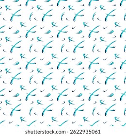 Seamless pattern with flowing turquoise and navy brushstrokes on white background. Dynamic abstract design for textiles, digital backgrounds, and modern decor with a fresh coastal aesthetic.