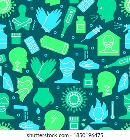 Seamless pattern with flu and coronavirus symbols in flat style. Background with infection signs and protection symbols. Vector illustration.