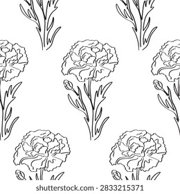 Seamless pattern with fluffy carnation flower icons in a sketch style